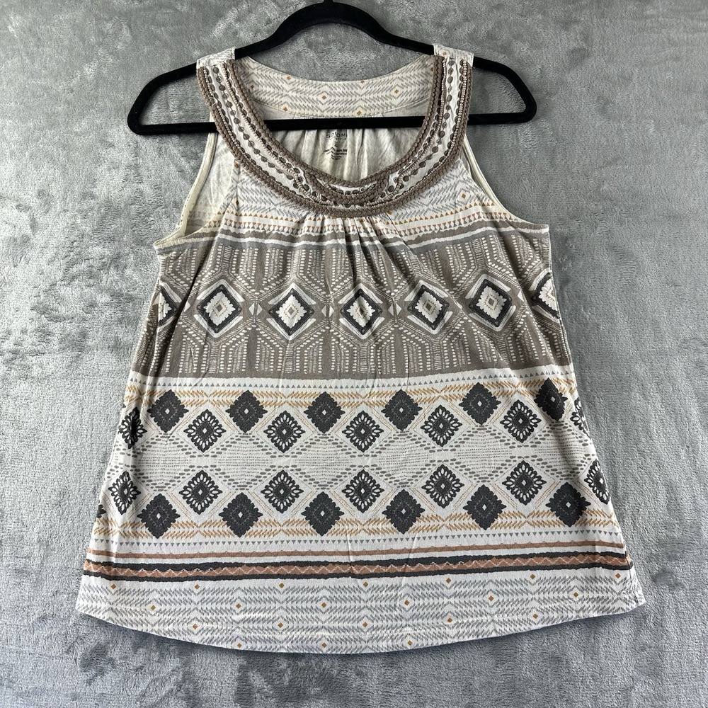 Sonoma Blouse Women's M White Black Orange Gray Geometric Print Beaded Neckline - Picture 1 of 6